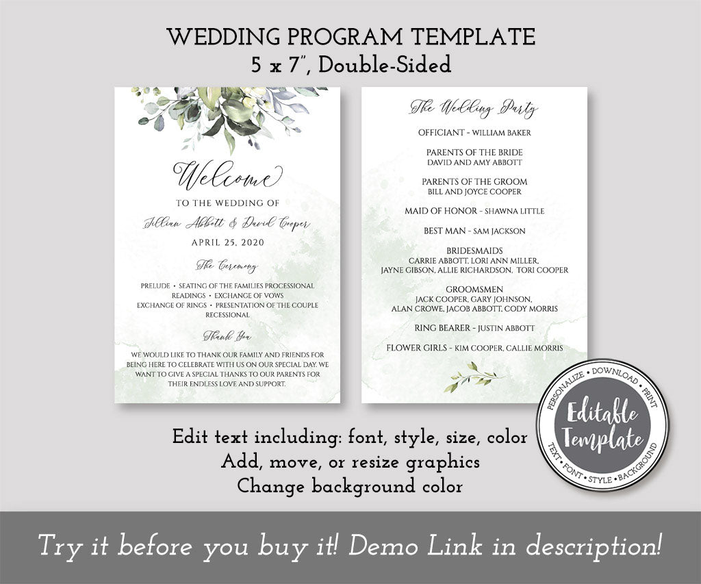 Double sided 5 x 7 inch greenery wedding program editable template.