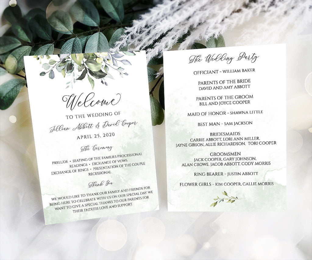 Double sided 5 x 7 inch greenery wedding program.