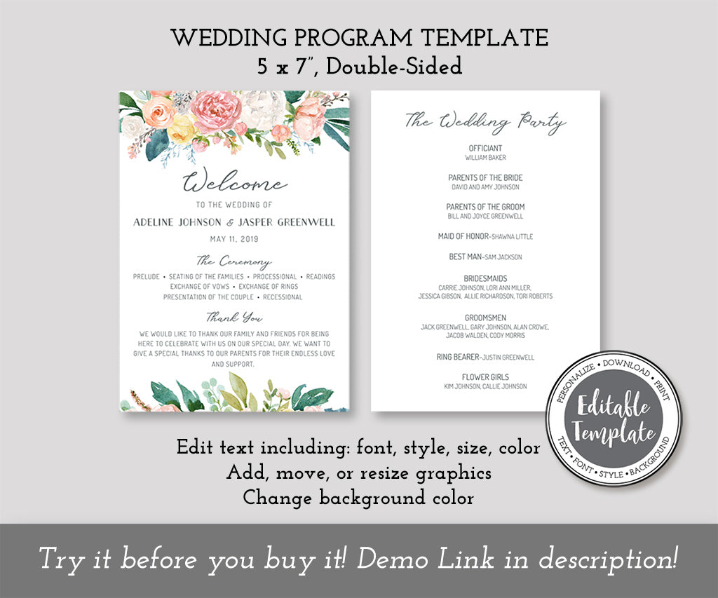 Double sided, 5 x 7 pink white and yellow floral wedding program template.