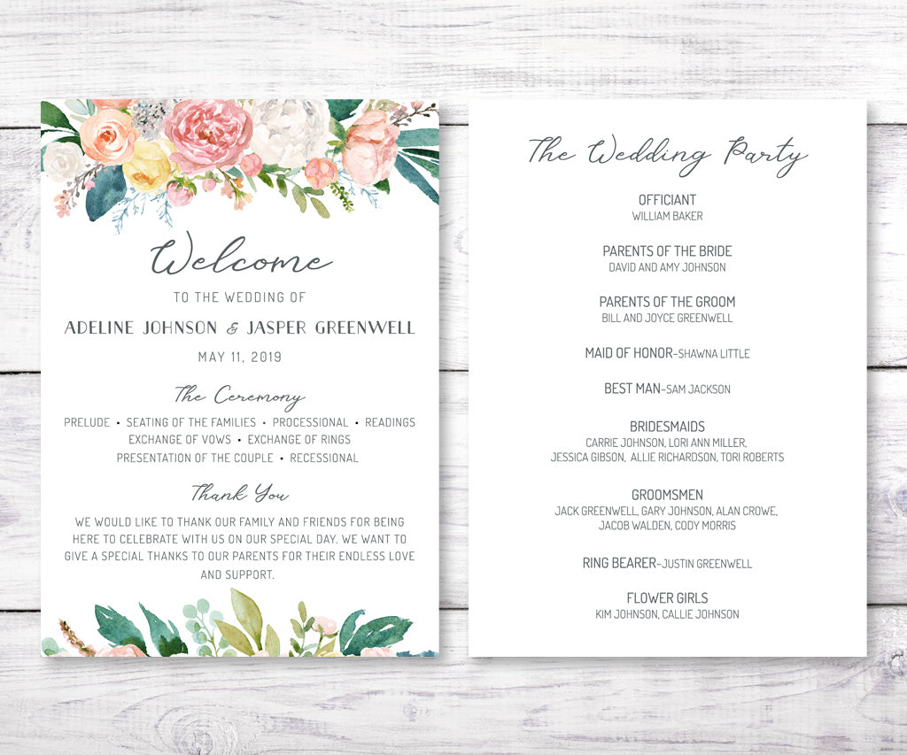 Front and back of a double sided, 5 x 7 pink white and yellow floral wedding program.