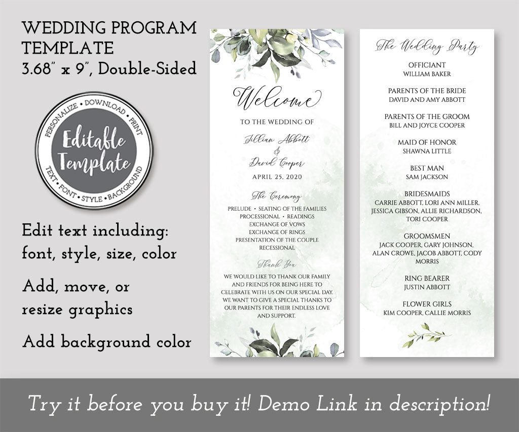 Double sided greenery wedding program editable template.