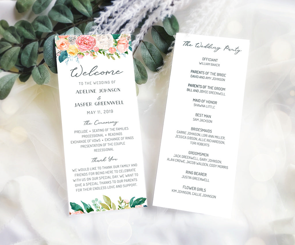 4 x 9&quot; double sided pink yellow and white floral wedding program.