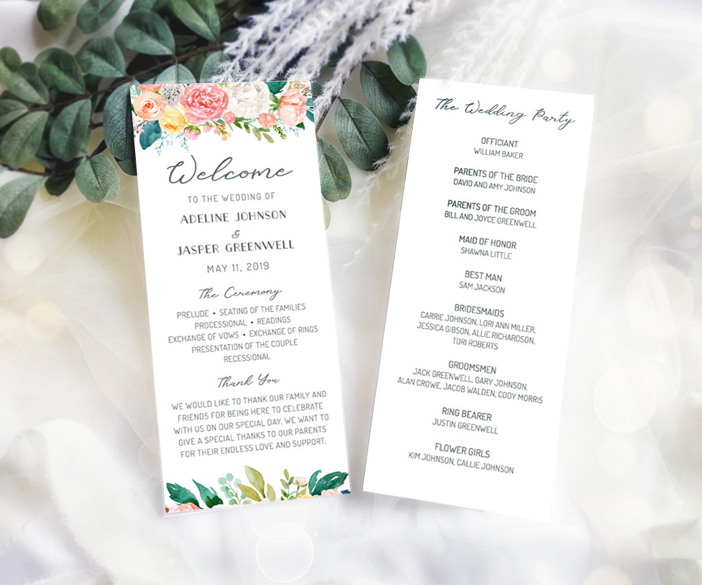 4 x 9" double sided pink yellow and white floral wedding program.