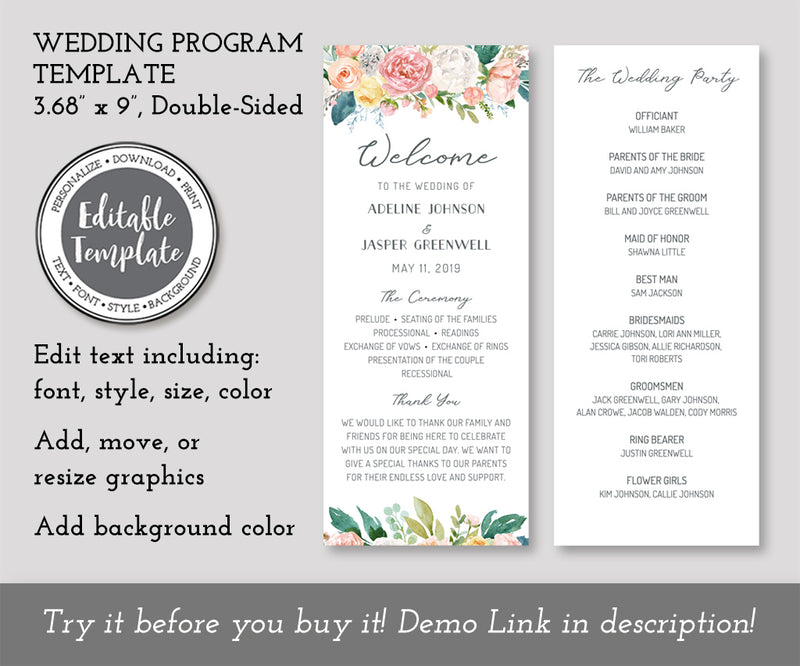 Floral Wedding Program, 3.68 x 9 Floral Wedding Program, 3.68 x 9