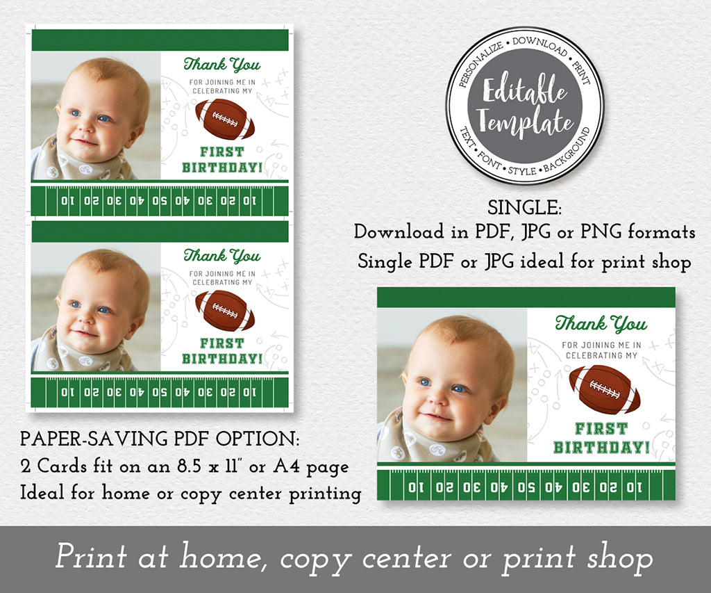 Download options for football birthday photo thank you card template, single or full sheet.
