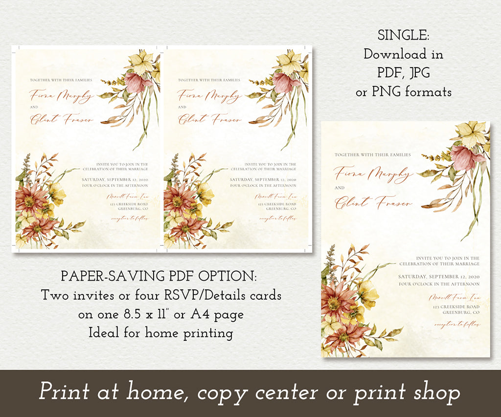 Download options for Autumn wedding invitation template.