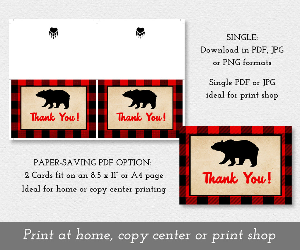 Download options for buffalo plaid bear thank you card.