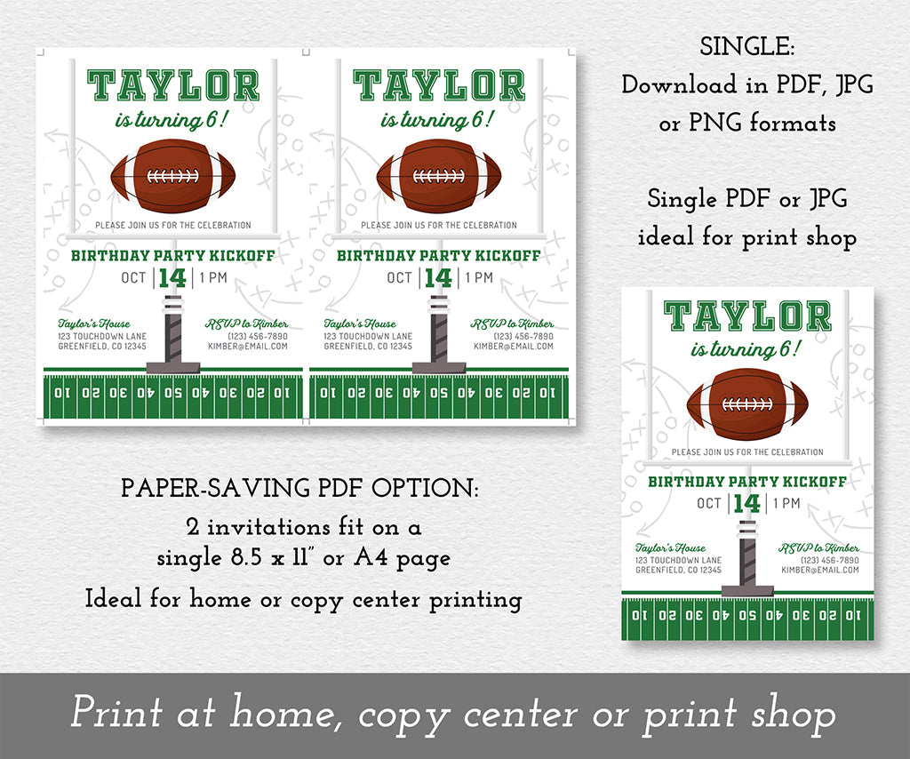 Download option to save paper for football 5 x7" birthday invitation, single or two invitations on a sheet.