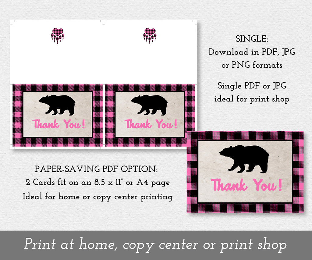 Paper saving download option for pink buffalo plaid folded thank you card with bear silhouette.