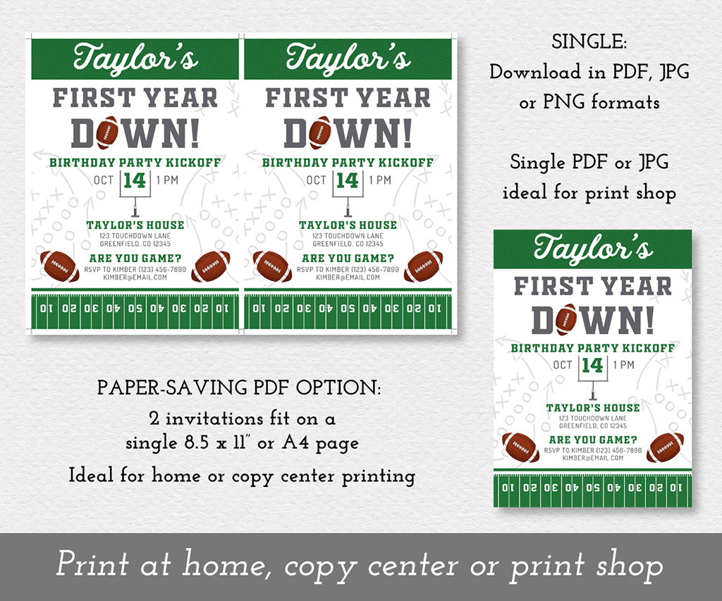 download options for first year down football invitation template