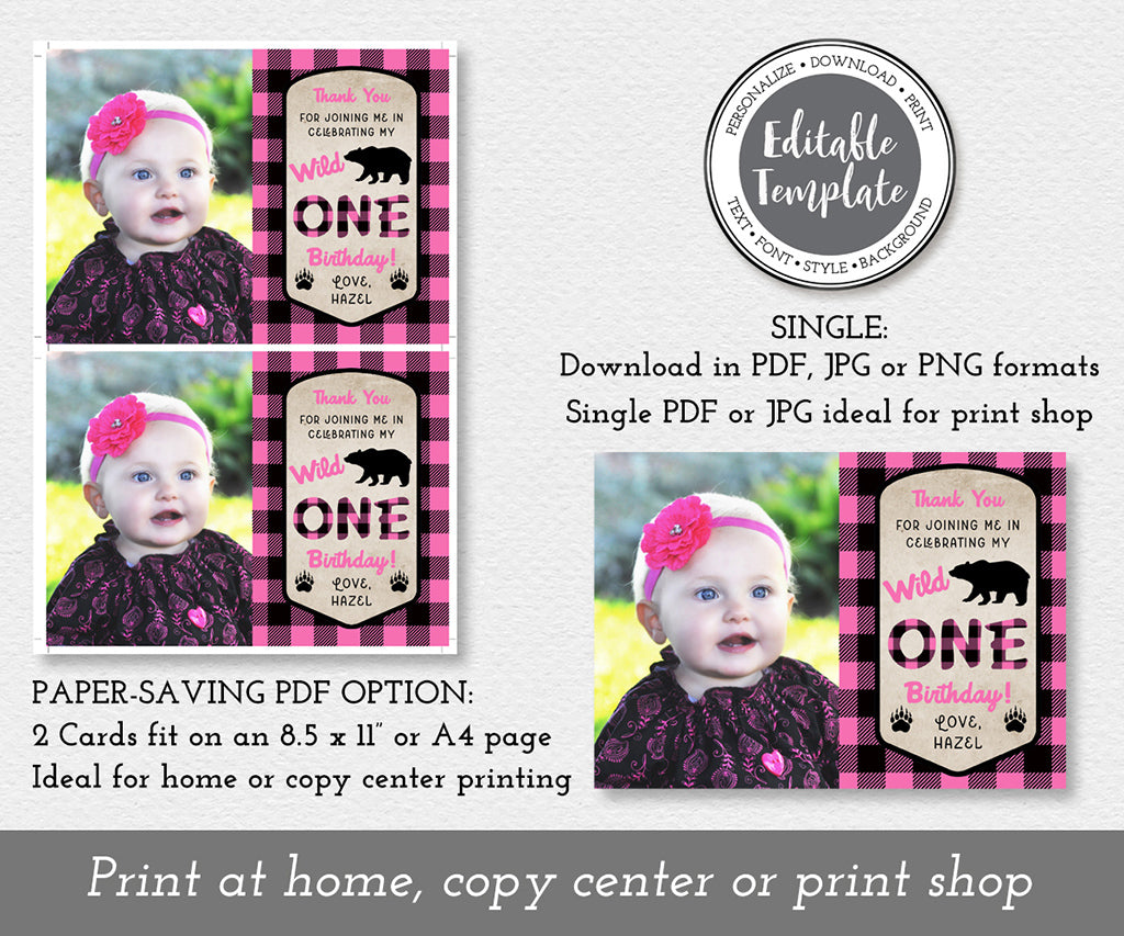 Download options for pink buffalo plaid wild one photo thank you card templates.