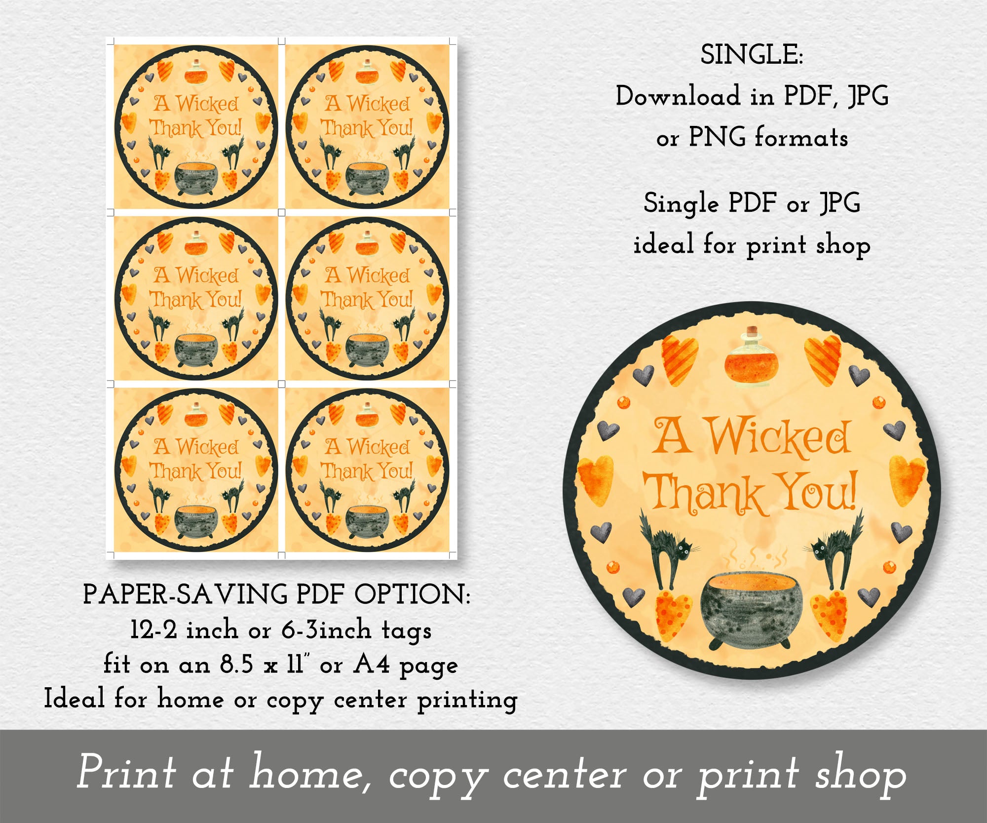 Download options for round Halloween favor tag with a cauldron and black cats.