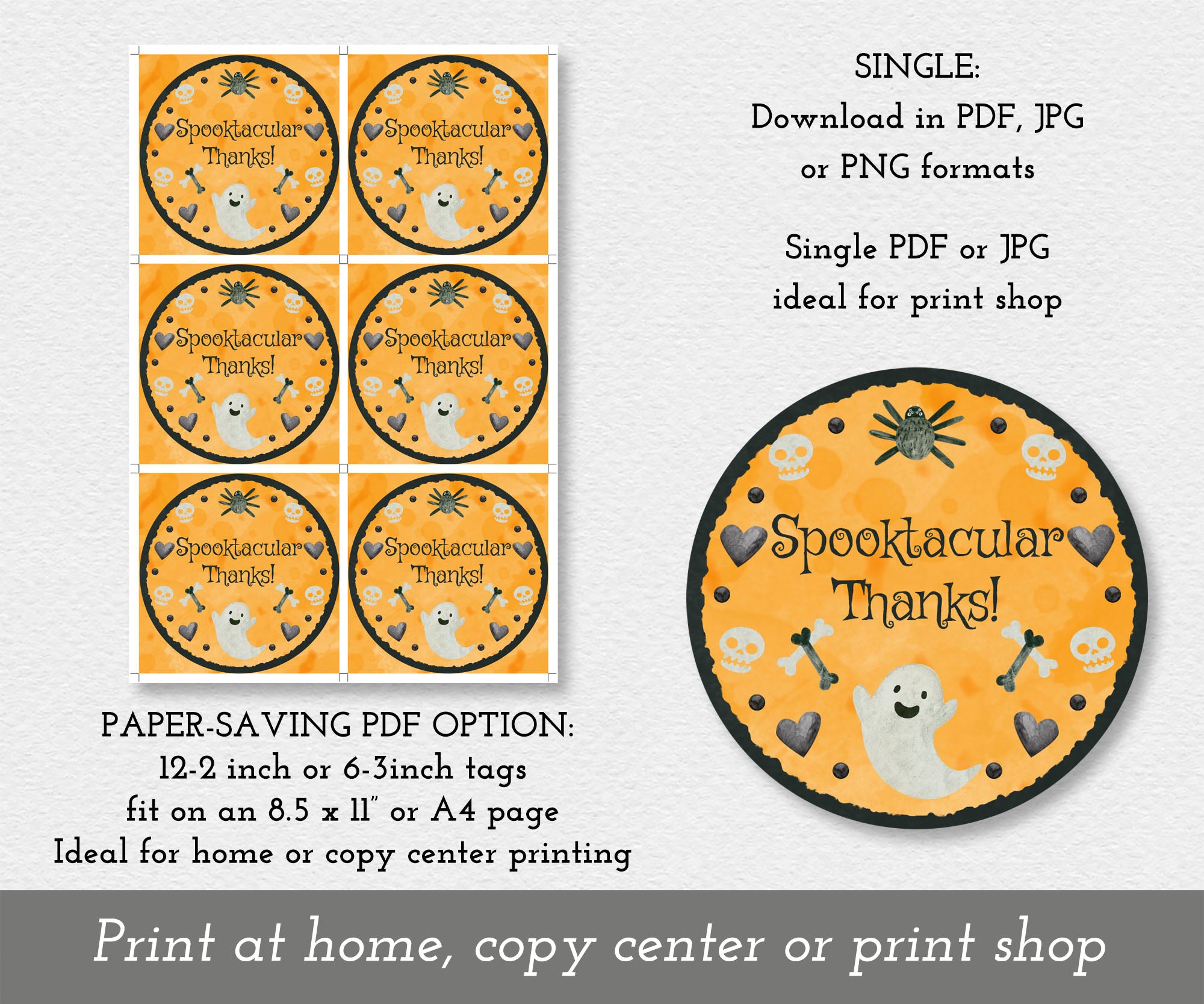 Download options for round Halloween favor tag with friendly ghost, bones & skulls.