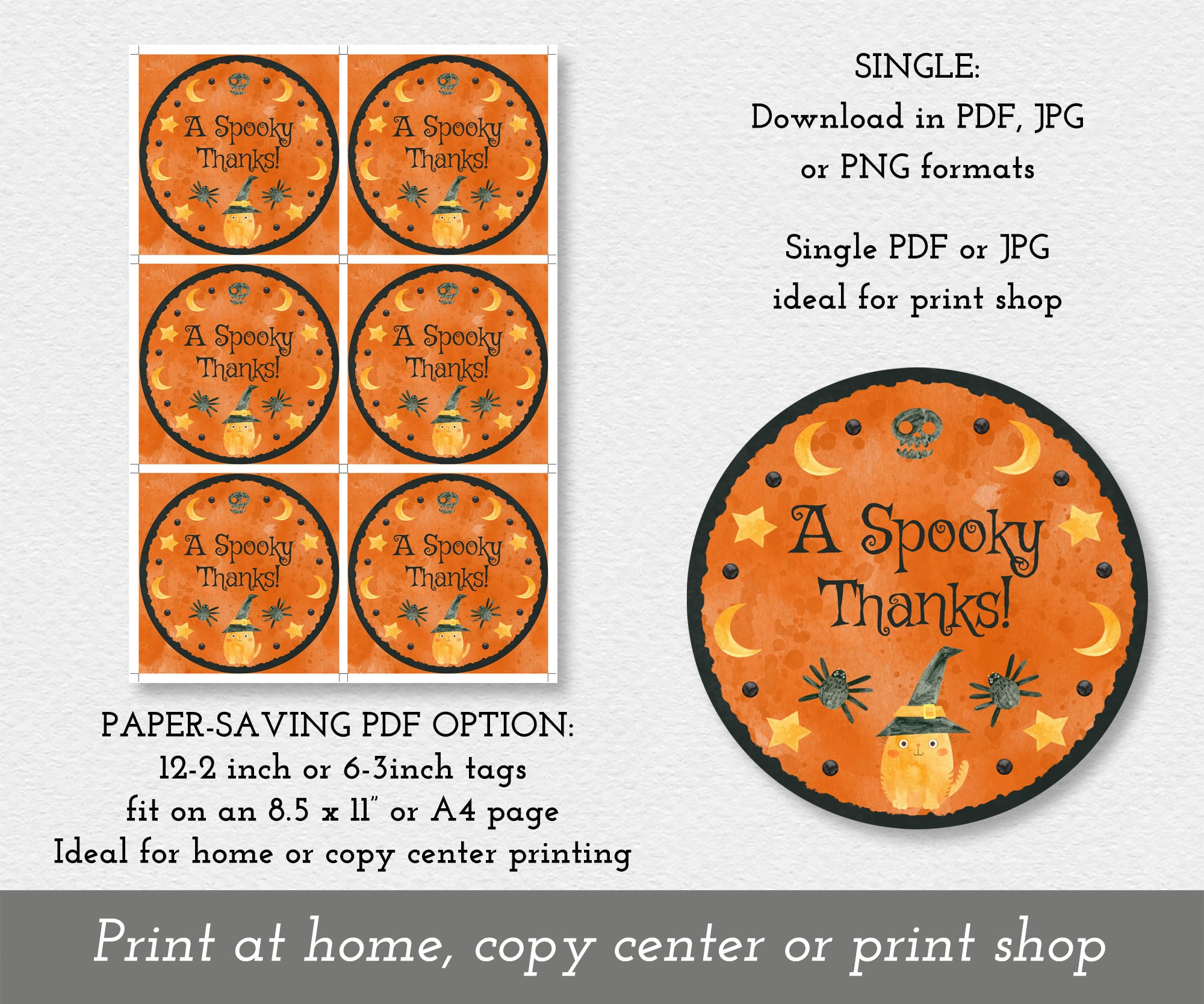 Download options for round Halloween favor tags with a cute witchy cat and celestial accents.