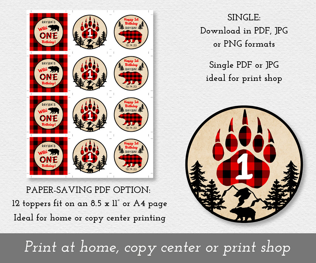 Download options for wild one buffalo plaid birthday cupcake toppers with bears and bear paws.