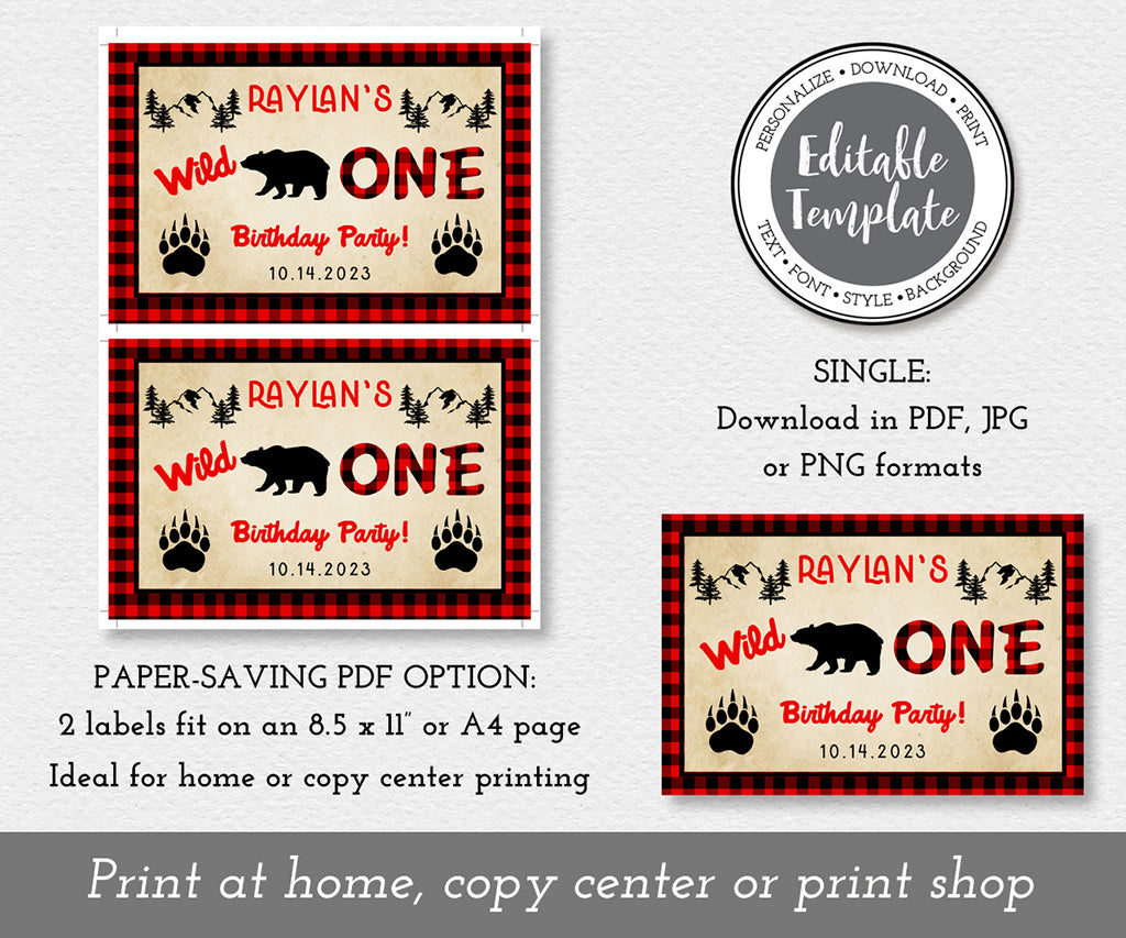 Paper saving option wild one buffalo plaid birthday gable box label.