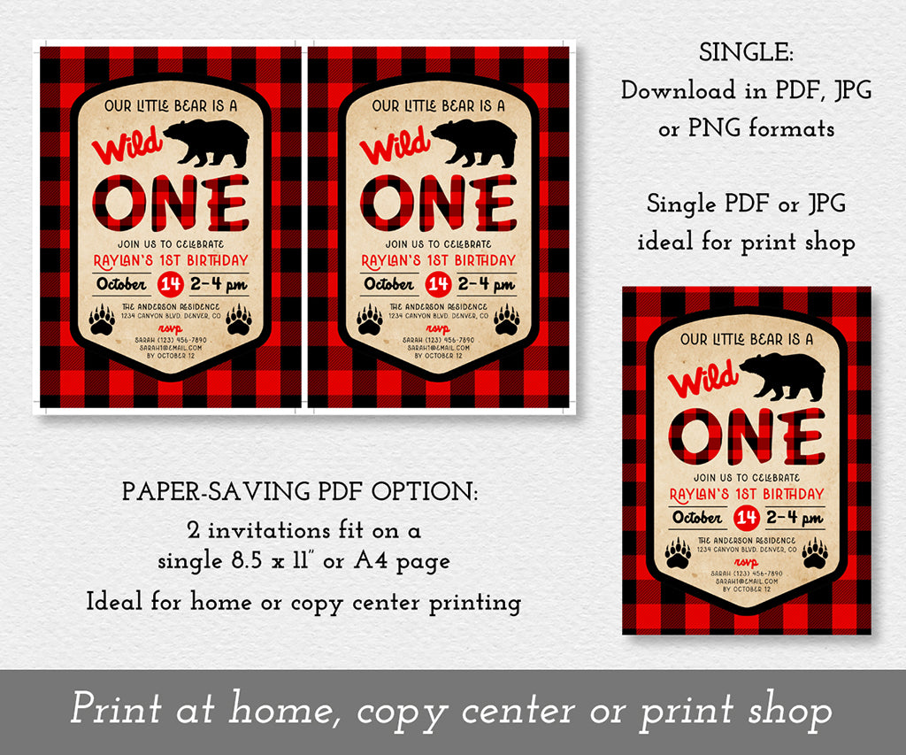 paper saving download option for lumberjack wild one first birthday invitation.