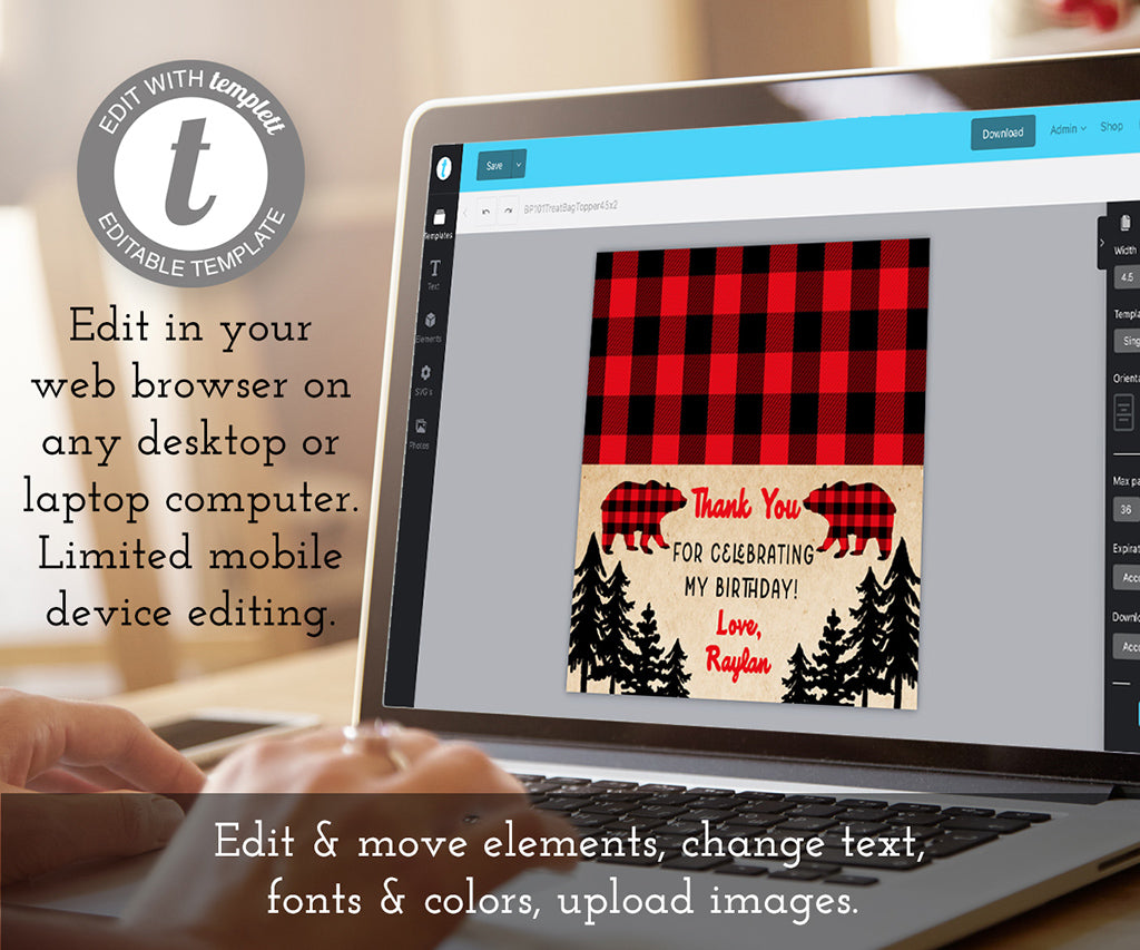Edit online bear woodland buffalo plaid birthday treat bag topper template.
