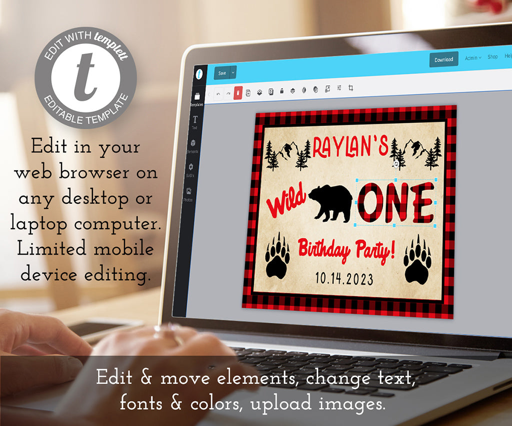 edit onlline lumberjack buffalo plaid wild one birthday gable treat box label