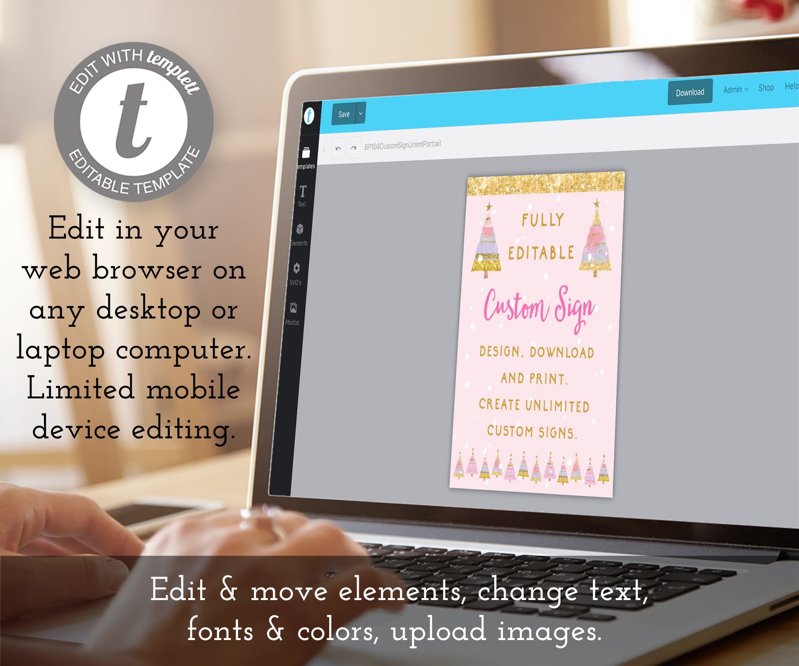 Edit online pink and gold winter party custom sign 8 x 10" template.