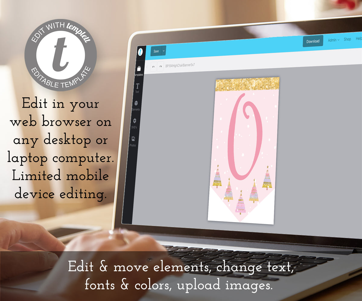 Edit online pink and gold first birthday ONE highchair banner template.