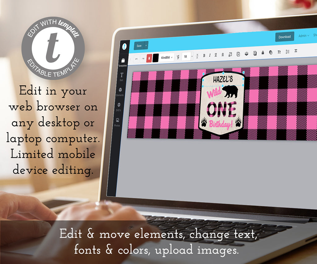 Edit online pink buffalo plaid wild one 1st birthday water bottle label template.