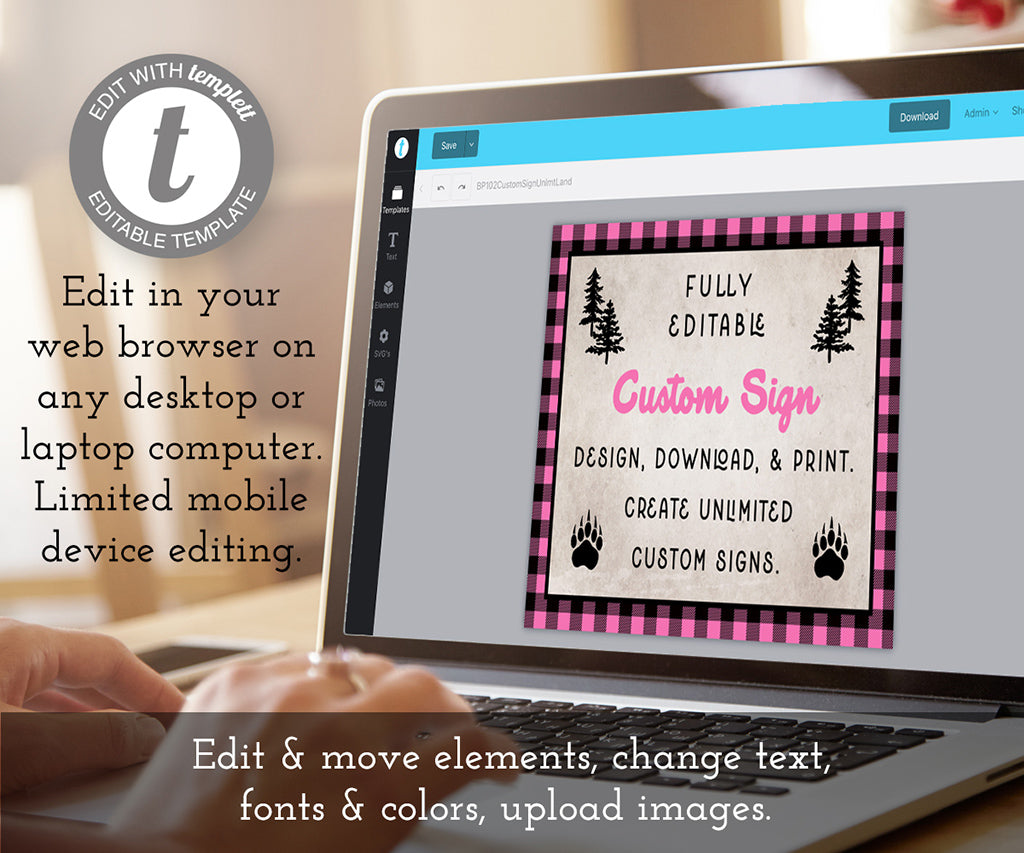 Edit online 10 x 8" landscape pink buffalo plaid woodland custom sign template.