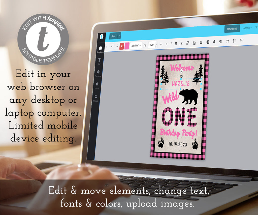 edit online pink plaid wild one 1st birthday welcome sign template