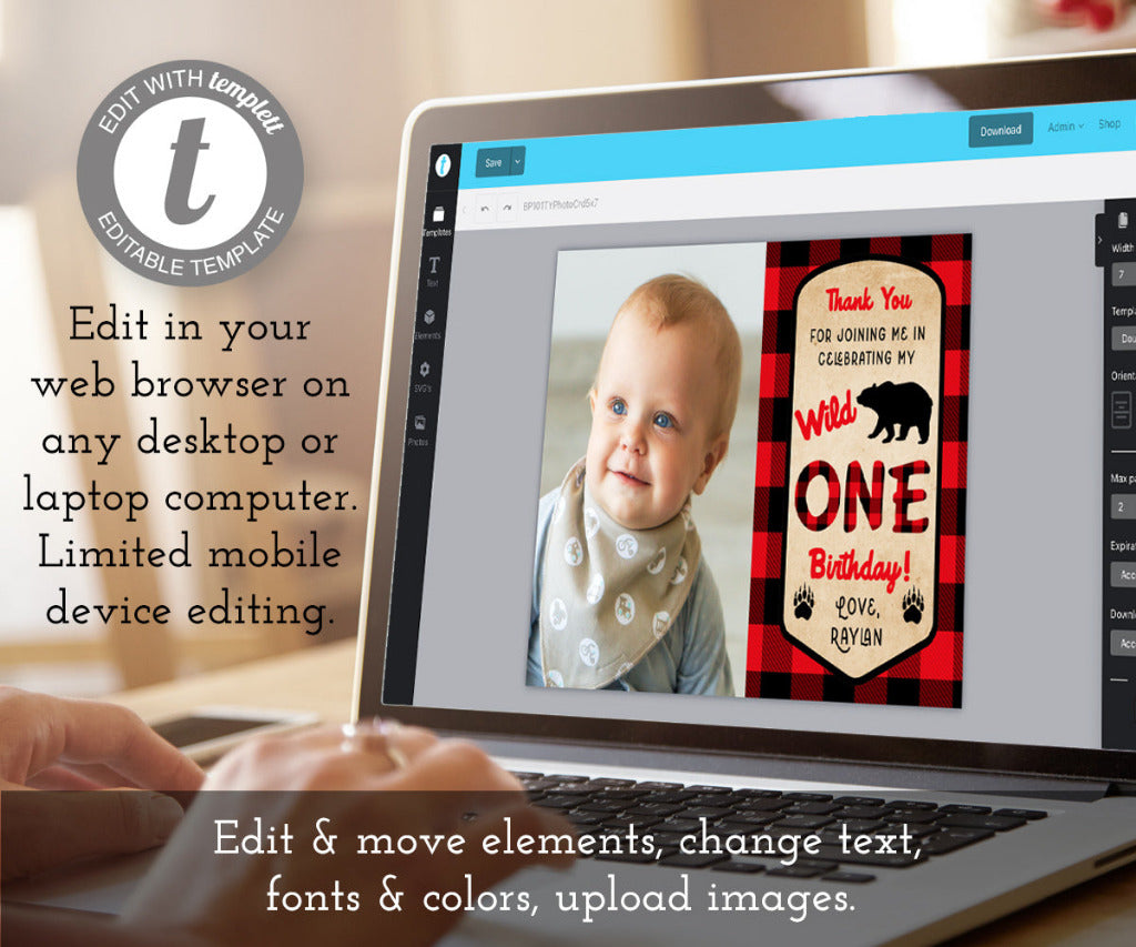 Edit online buffalo plaid wild one first birthday photo thank you card template.