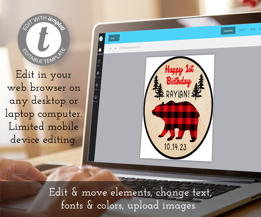 Edit online Wild ONE buffalo plaid cupcake toppers with bears and bear paws.