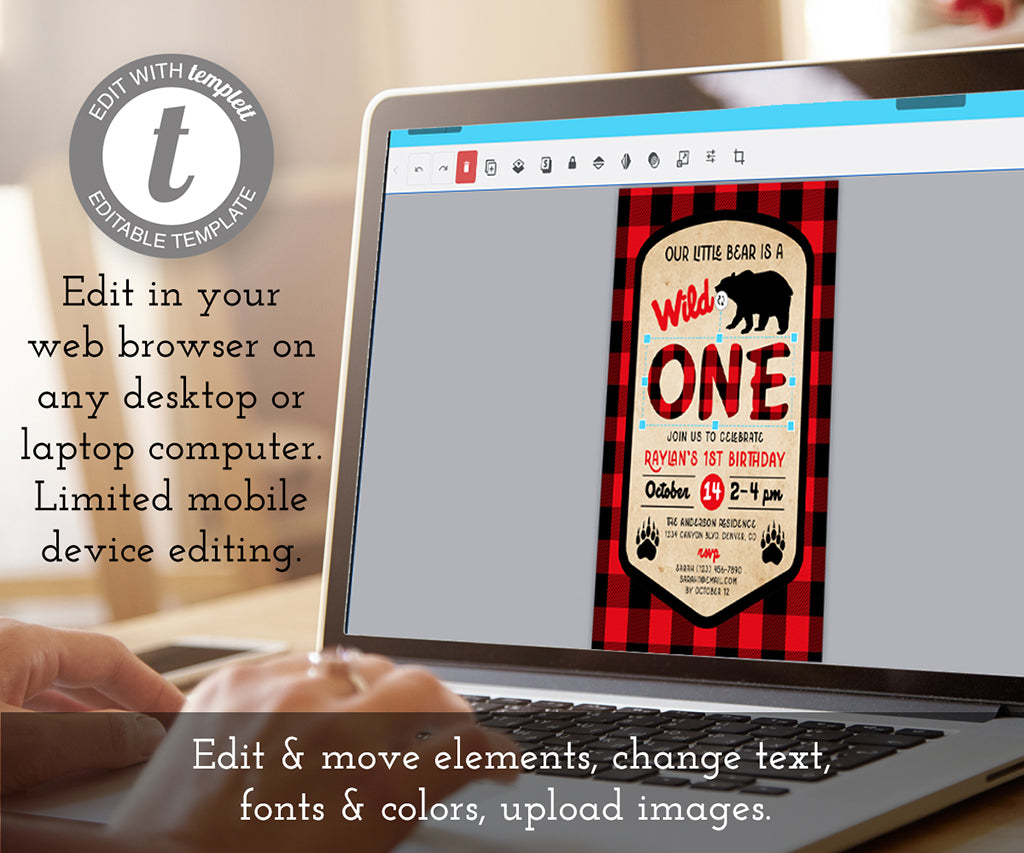 Edit online wild one birthday buffalo plaid party invitation template.