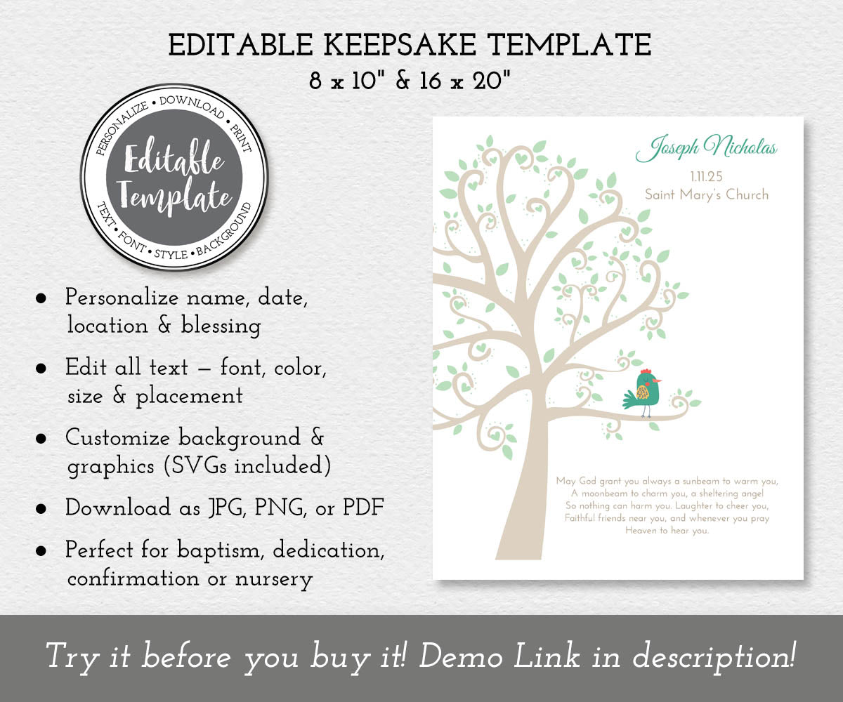 Keepsake baptism, dedication or christening printable editable template with baby bird in tree and blessing verse with name and date.