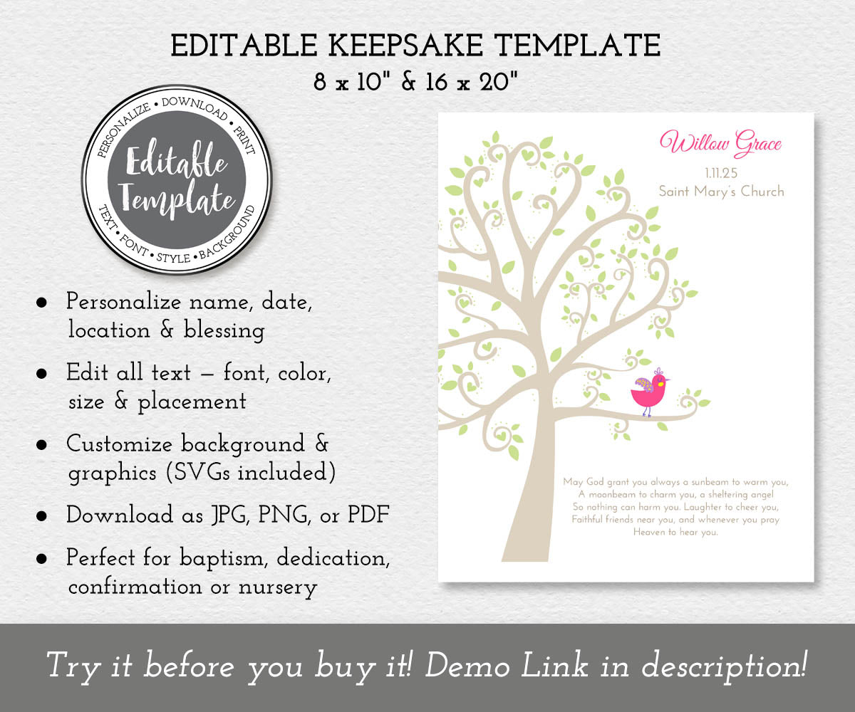 Editable baptism keepsake template with tree and bird design, showing features and customization options for download and print.