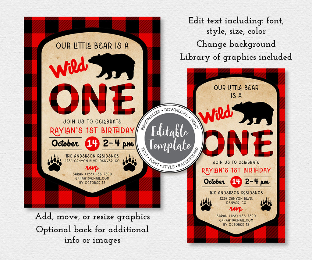 Wild ONE buffalo plaid first birthday 5 x 7 invitation & mobile friendly invite editable templates.