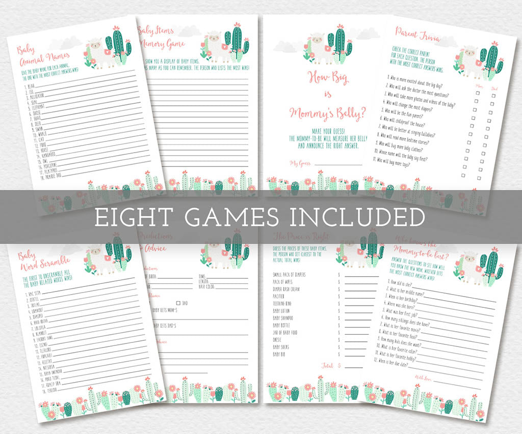 Eight llama baby shower game printables.