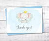 Boy elephant baby shower thank you card with blue background.