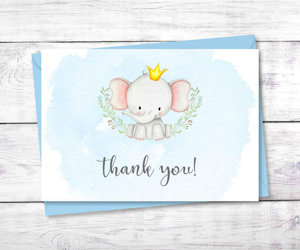 Boy elephant baby shower thank you card with blue background.