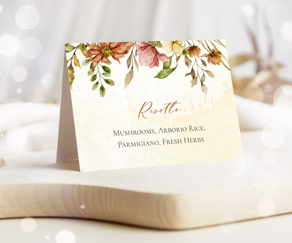 Autumn wedding or shower buffet food tent cards.
