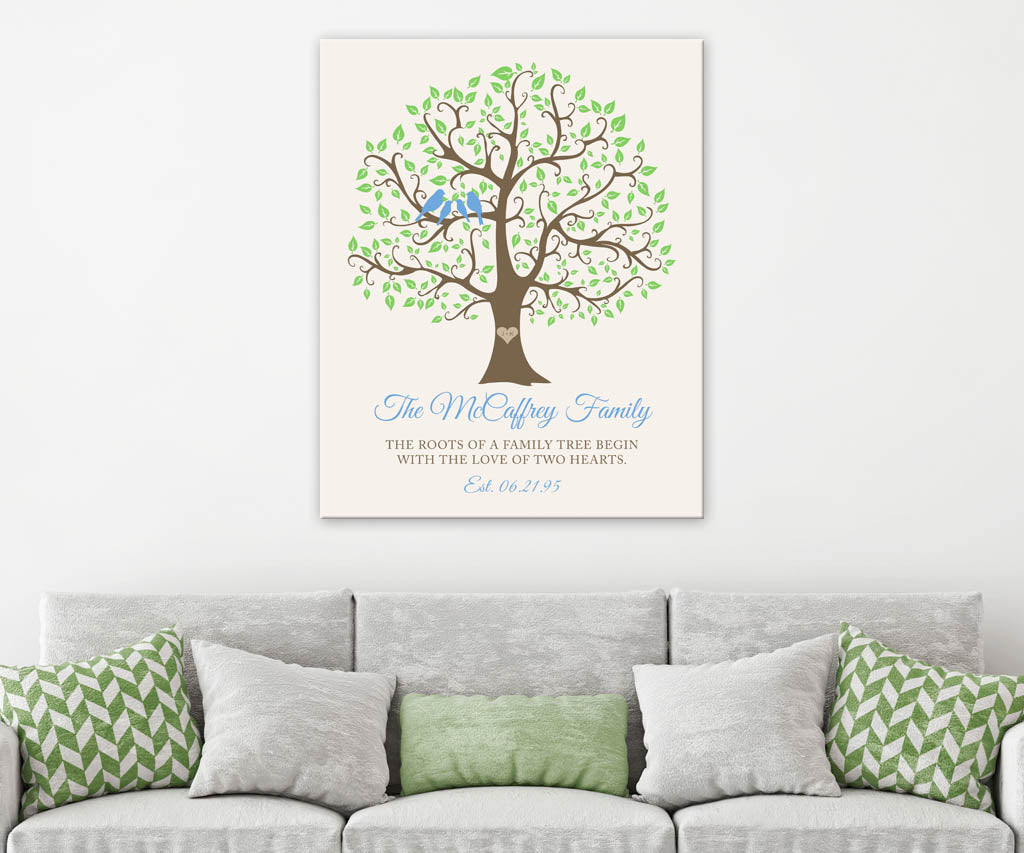 Family tree with family name wall art above a sofa with decorative pillows.