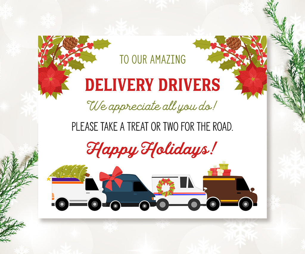 Happy holidays festive delivery driver snack station sign printable 10 x 8 inches with poinsettias and delivery trucks.