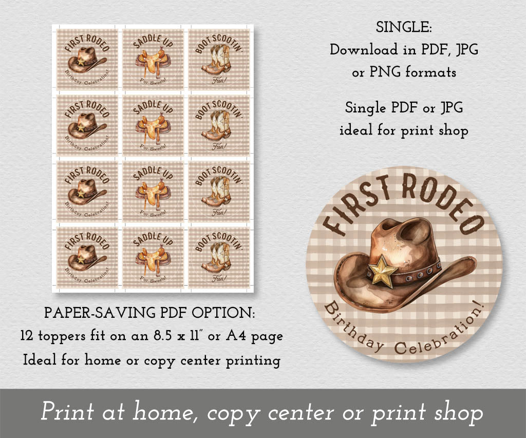 First rodeo birthday cupcake toppers full sheet.