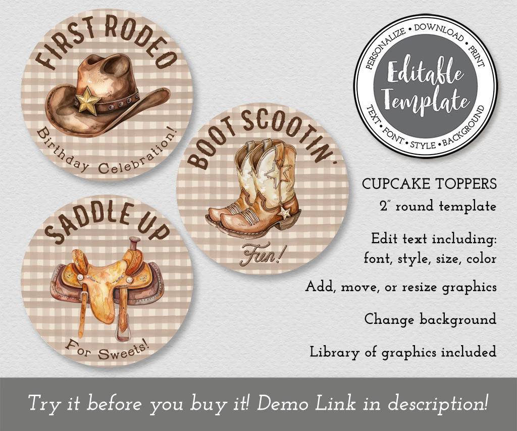 First rodeo birthday cupcake toppers editable templates.