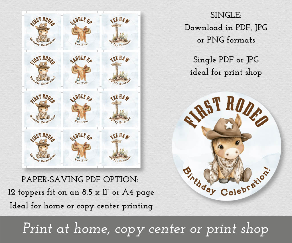 First rodeo birthday cupcake toppers printable download options.
