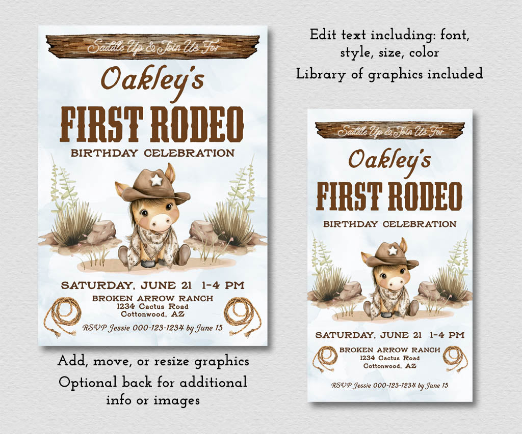 First rodeo cowboy birthday invitation and smart phone evite in blue and brown with baby pony, editable templates.