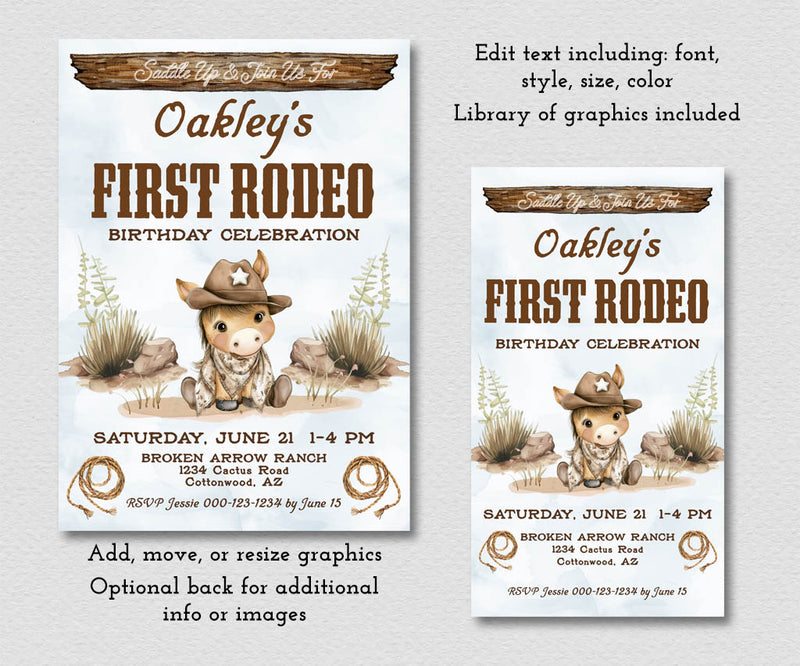 First Rodeo Cowboy Birthday Invitation & Evite | Editable Template ...