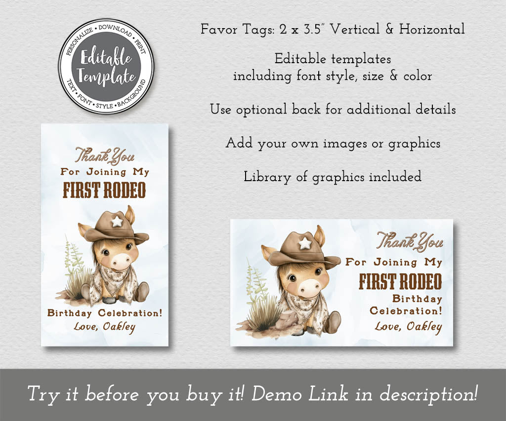 First rodeo cowboy birthday favor tags with a sweet baby pony in a cowboy hat, editable templates.