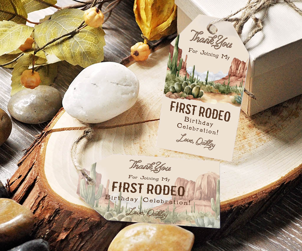 First rodeo cowboy birthday favor tags with desert landscape.