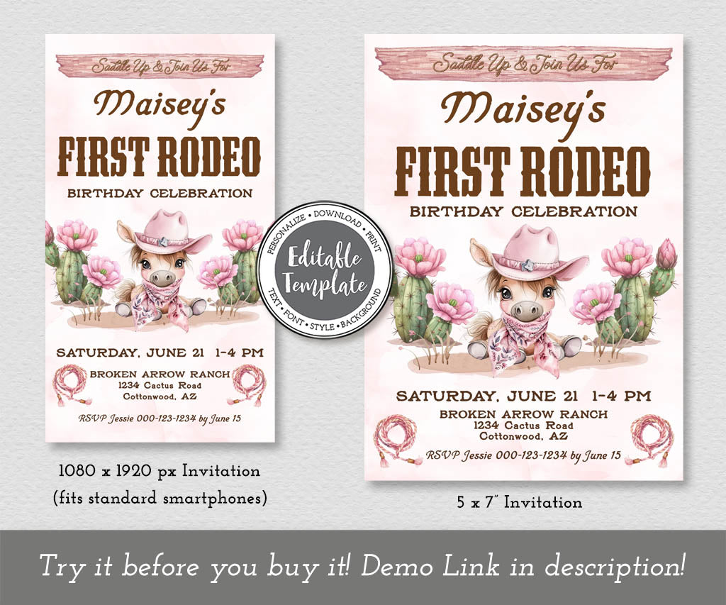 First rodeo girls birthday invitation and evite with a pink baby pony and flowering cacti, editable template.