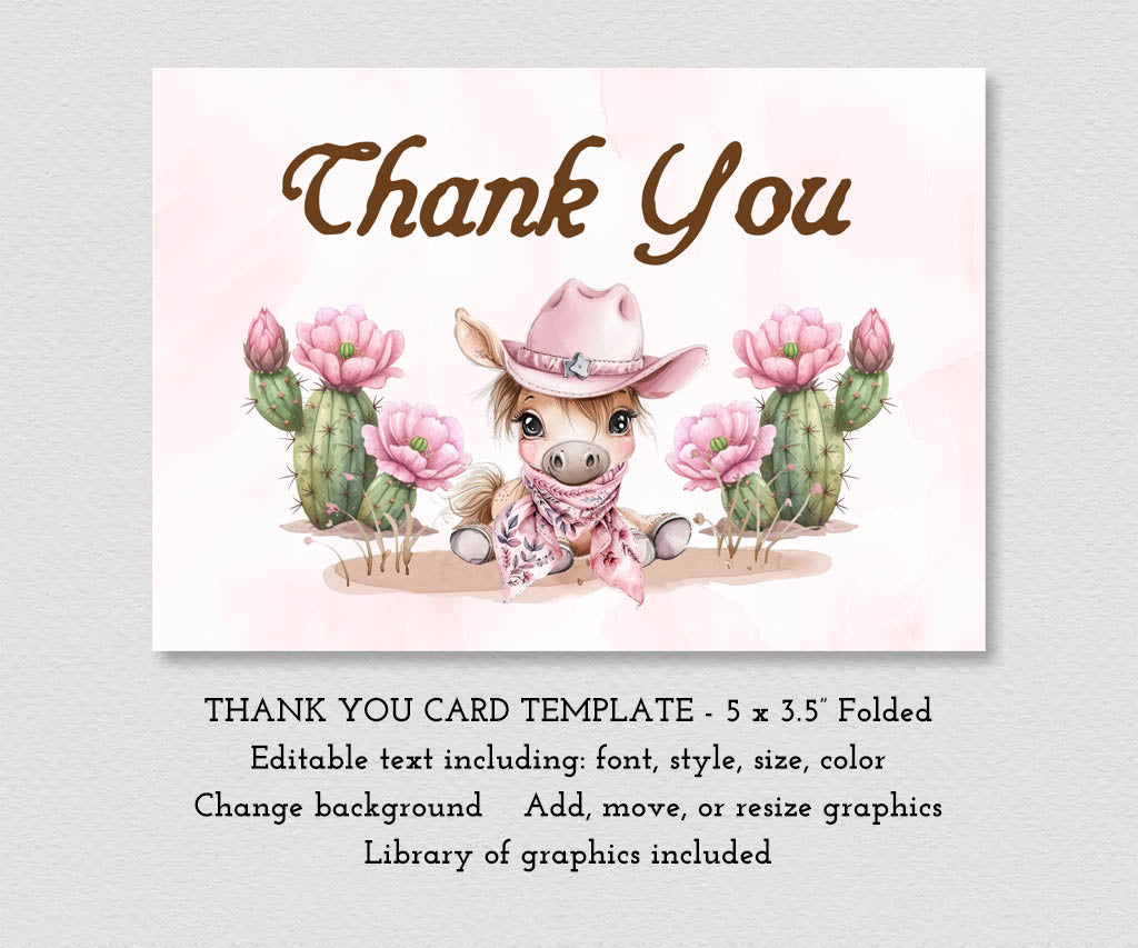 First rodeo girls birthday folded thank you card template with cute baby pony in cowgirl hat and flowering cacti.