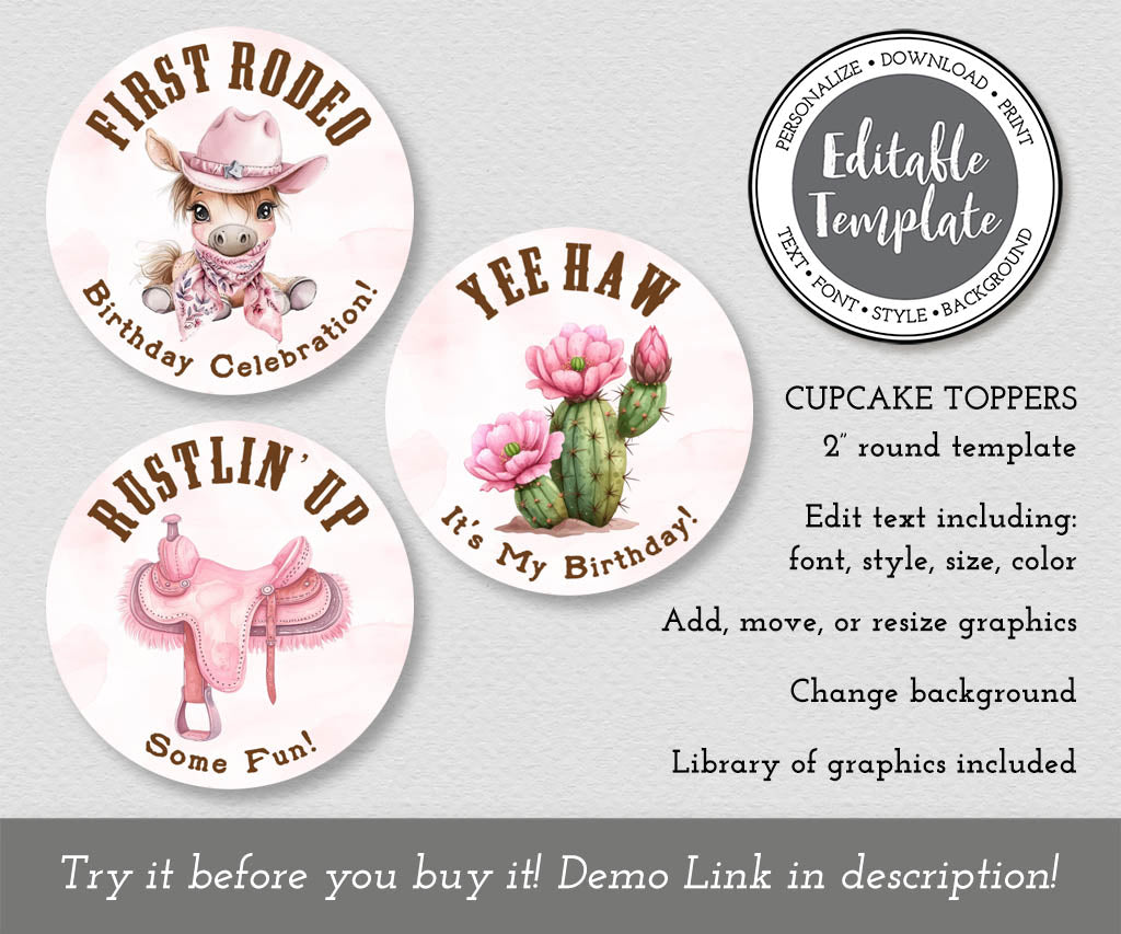 First rodeo girls birthday cupcake topper templates in pink and brown with western designs.